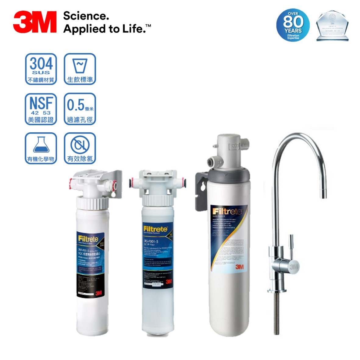 3M S004 / 生飲淨水器 / NSF認證濾心 / 高效過濾系統 / 活性碳濾心 / 家用水質過濾 / 長效過濾系統 / 7,571公升過濾水量 / 5.6公升/分鐘過濾流速 / 家庭飲用水過濾