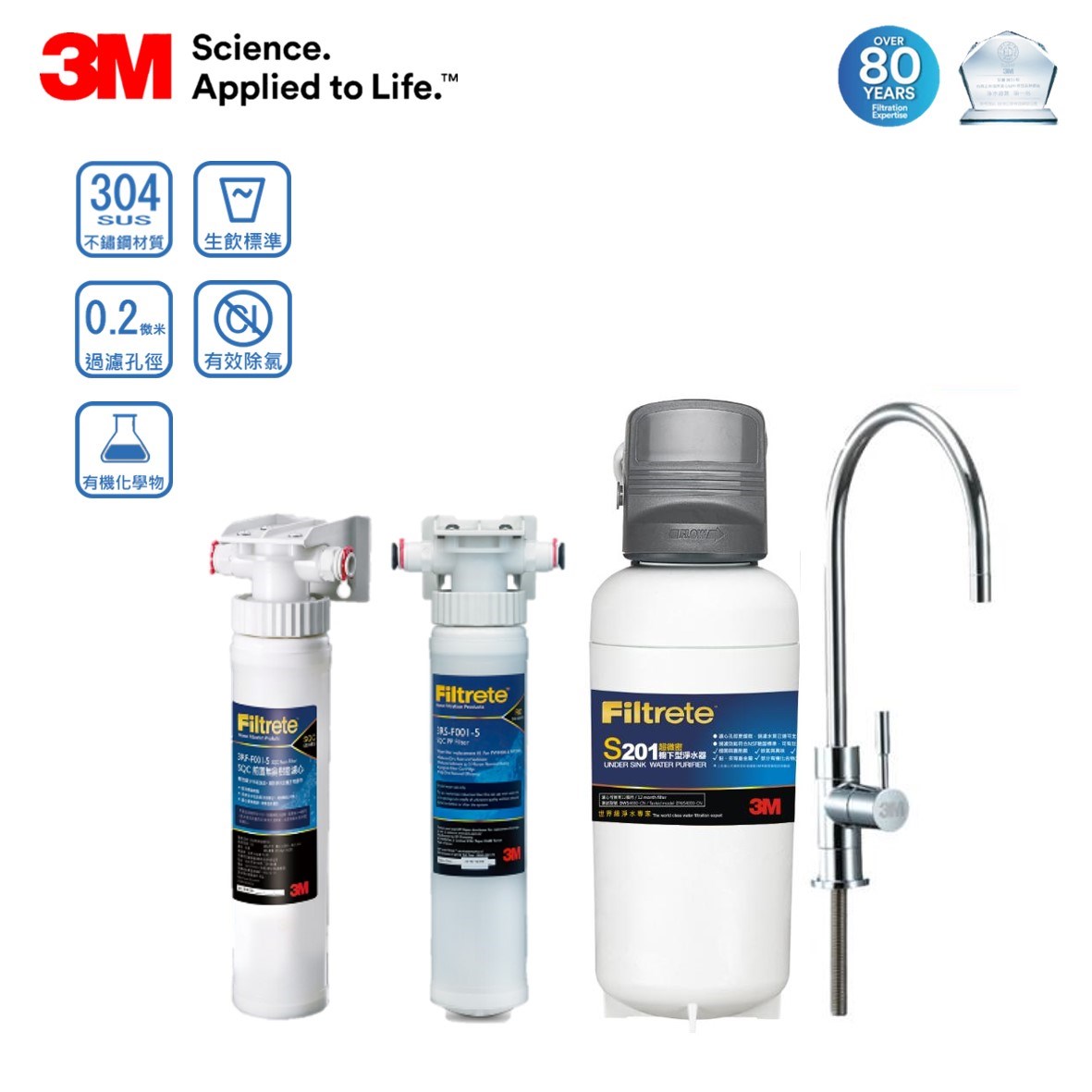 3M 生飲淨水器、S201 淨水系統、0.2 微米濾芯、生飲標準過濾、孢囊菌過濾、保留礦物質、FDA 食品級濾芯、家用濾水器推薦、高密度活性碳棒、3M 濾水器更換簡單、DIY 濾芯更換、生飲級濾水設備